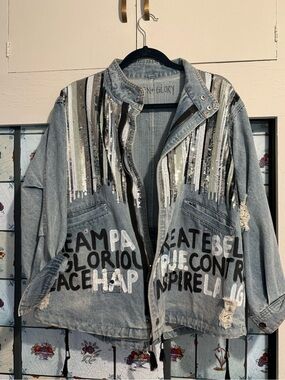 Wren + Glory Original. Embellished Light Wash Denim Jacket with Silver Sequin